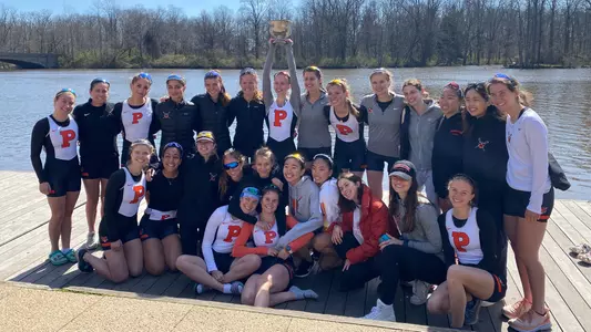 Princeton women's lightweight rowing celebrates with the Class of 1999 Cup in 2022