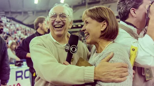 Pete Carril with Andrea Joyce in 1996