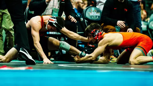 Patrick Glory wrestles Oregon State's Brandon Kaylor at the 2022 NCAA championships