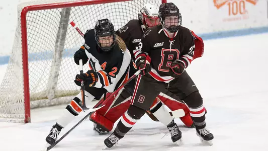 princeton women's hockey action photo in front of net mariah keopple