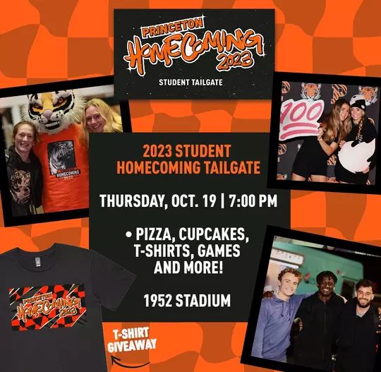 Princeton homecoming 2023 student tailgate Thursday oct. 19 7pm pizza cupcakes t-shirts games and more 1952 stadium t-shirt giveaway
