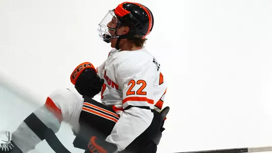 Noah de la Durantaye celebrates goal against Sacred Heart