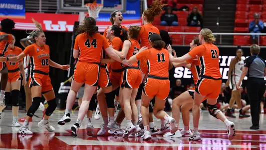 Princeton Women's Basketball celebrates its win over NC State