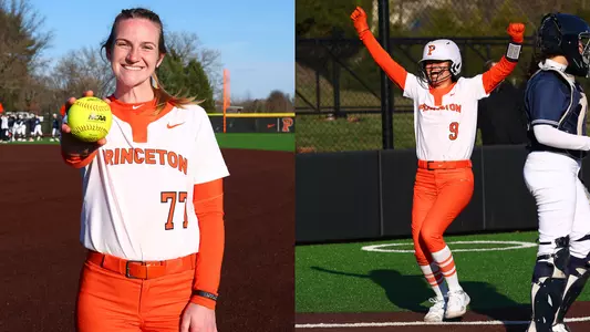 Alexis Laudenslager with no-hitter ball and Allison Ha celebrates winning run