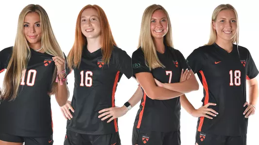 posed photos of 2023 women's soccer captains Madison curry, Jen Estes, Marissa hart and Morgan wiese