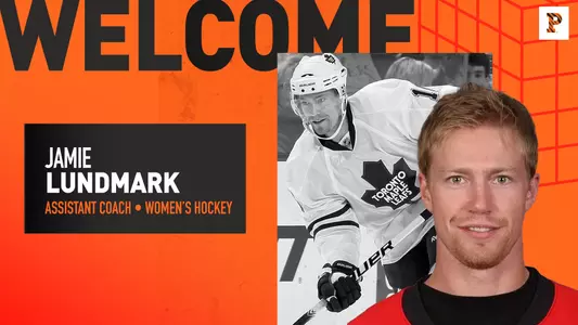 Jamie Lundmark introduction graphic with player action and headshot women's hockey assistant coach