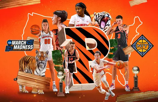 championship central splash page posed and action images of men's and women's basketball players, trophies, and Princeton-related images