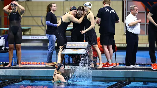 Heidi Smithwick, Sabrina Johnston, Jenna Walters and Eleanor Sun celebrate 800 freestyle relay victory