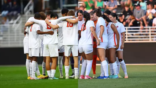 combined photo of men's and women's soccer huddles