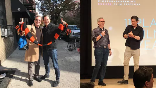 Kirk Rudell '91 and Tom McCabe '91 beginning podcast "An American Game"