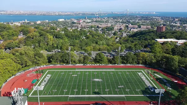 The view from Wagner's stadium, across the bay, with the Verrazanno Bridge visible.
