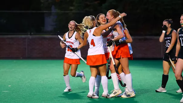 Reese Milone is congratulated by her teammates after she scored her first career goal. Lilly Cimaroli is among the ones congratulating her teammate. Cimaroli scored her first career goal earlier in the game.