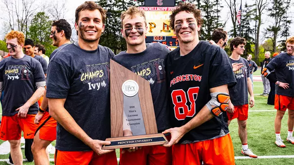 Princeton men's lacrosse captains with ILT trophy