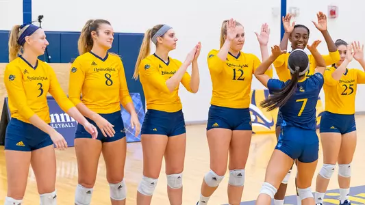 Volleyball High Fives Each Other Pregame vs. Manhattan