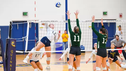 Kaleigh Oates Spikes the Ball Over the Net Against Manhattan