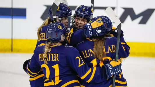 Women's ice hockey celebrates after goal