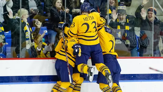 Zach Metsa joins teammates in goal celebration vs. Cornell