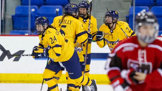 Women's ice hockey celebrates after a goal vs SLU