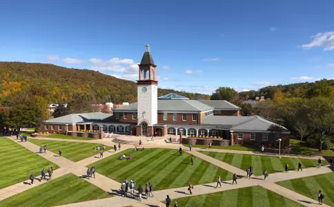 Aerial view of Quinnipiac University’s Quadrangle and Arnold Bernhard Library on the Mount Carmel Campus on Saturday, October 25, 2018.