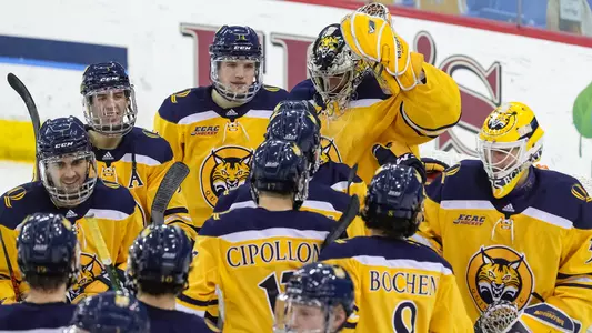 men's Ice Hockey celebrates win vs. Colgate