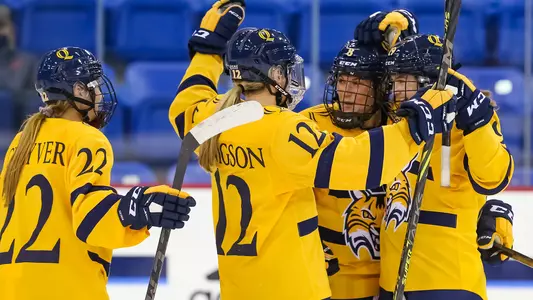 Women's Ice Hockey celebrates goal