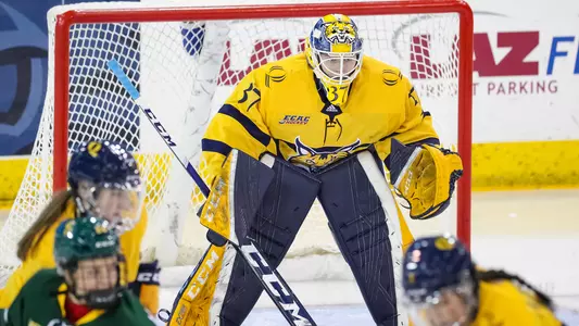 Logan Angers prepares for the puck vs Clarkson