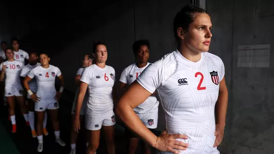 CHOFU, JAPAN - JULY 29: Ilona Maher of Team United States looks out as she prepares to lead her team out onto the field for the Women’s pool C match between Team United States and Team Japan during the Rugby Sevens on day six of the Tokyo 2020 Olympic Games at Tokyo Stadium on July 29, 2021 in Chofu, Tokyo, Japan. (Photo by Dan Mullan/Getty Images)