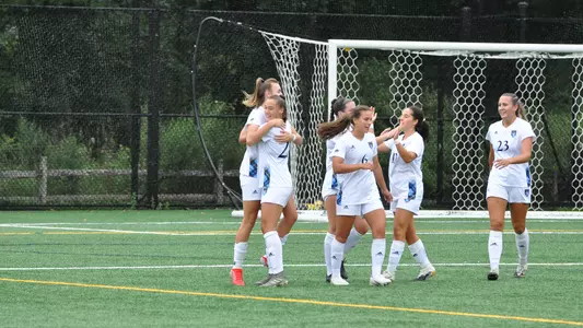 Women's soccer celebrates after goal