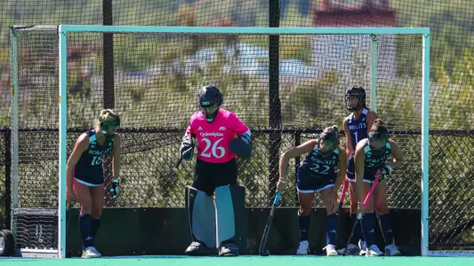 Cristina Torres and her teammates prepare to defend a penalty corner