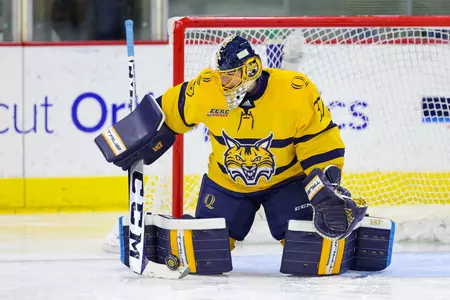 Logan Angers minds the crease in a game against Boston College