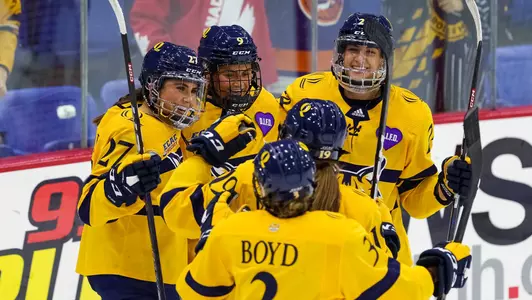 Women's ice hockey celebrates a goal against Cornell