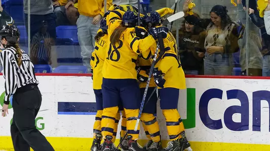 Women's ice hockey celebrates a goal against Cornell