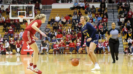 Rose Caverly brings the ball up the floor vs Indiana