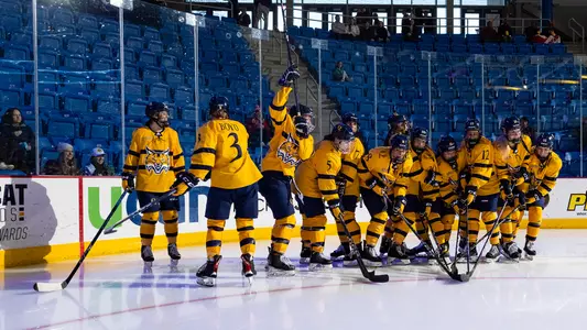 The women's ice hockey team stands on the goal line before starters against Wisconsin