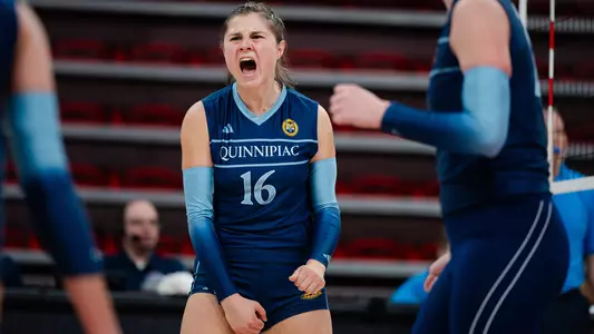 Ginevra Giovagnoni celebrates a kill at the 2023 MAAC Semifinals