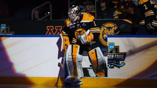 Yaniv Perets skates onto the Amalie Arena Ice with a spotlight on him before action in the 2023 NCAA Division I National Championship Game.