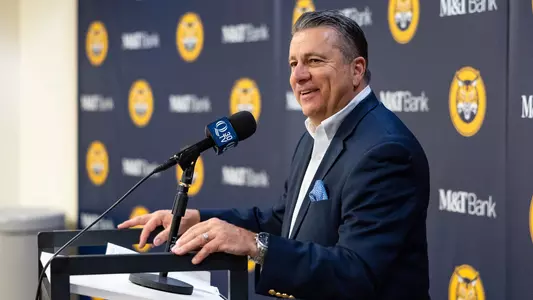 Tom Pecora at Press Conference inside M&T Bank Arena in Hamden (2023-24 Season)