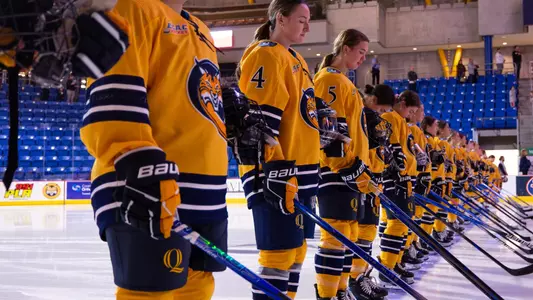 QU Women's ice hockey on the blue line for national anthem (QU vs. Providence 10.8 in Hamden, Conn.)