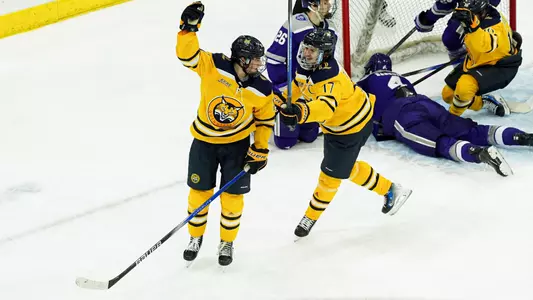 Aaron Schwartz and Travis Treloar Celebrate Against Stonehill (Jan. 6, 2025 in Hamden, Conn.)