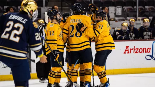 Quinnipiac Celebrates a Goal Against Notre Dame (Oct. 11, 2025 in Tempe, Ariz.)