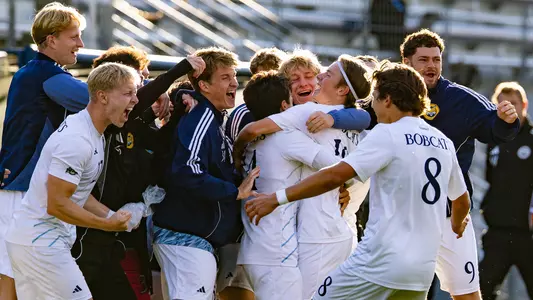 Men's Soccer Celebrates Goal in win vs. Manhattan (10/15/25 in Hamden, CT)