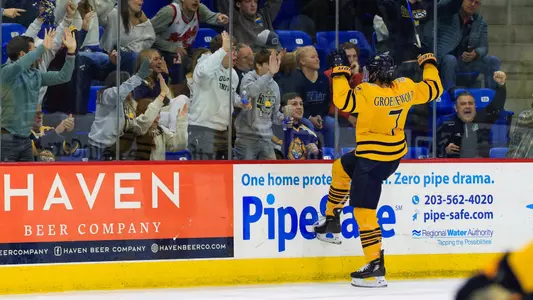 Elliott Groenewold Celebrates His Goal with the Fans (Oct. 17, 2025 in Hamden, Conn.)