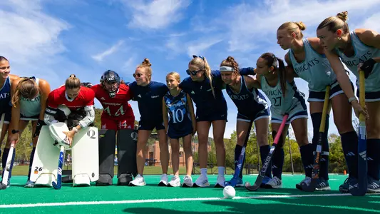 Field Hockey Huddles Together with their team (Sept. 21, 2025 in Hamden, Conn.)