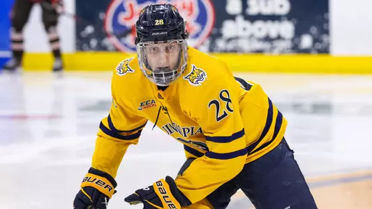 Chris Pelosi Eyes the Puck Against Brown (Feb. 22, 2025 in Hamden, Conn.)