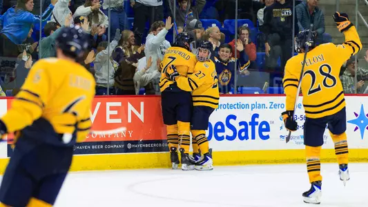 Elliott Groenewold and the Bobcats Celebrate a Goal against Maine (Oct. 17, 2025 in Hamden, Conn.)