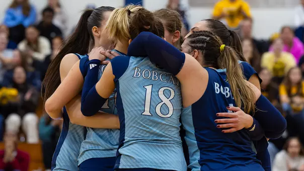 Volleyball Celebrates a Point Against Fairfield (Oct. 24, 2025 in Hamden, Conn.)