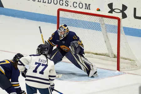 Felicia Frank in net against Yale (10.24.25 in New Haven, Conn.)