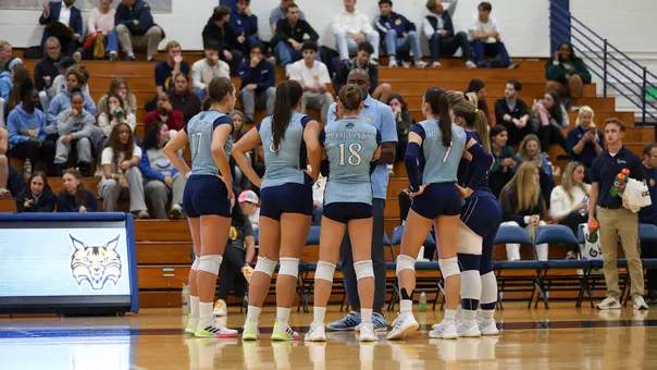 Volleyball Team Huddle in Win over Iona (10.31.25 in Hamden, Conn.)