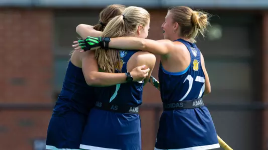 The Bobcats celebrate a goal against Merrimack (9/21/25 in Hamden, Conn.)