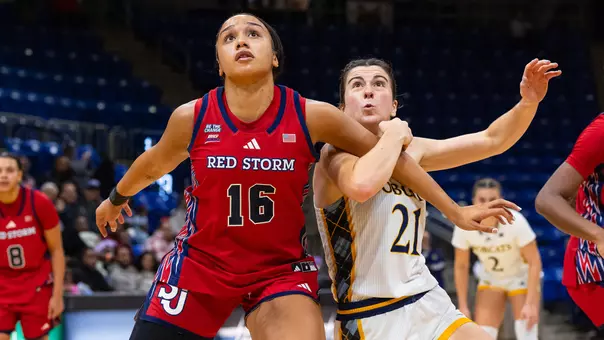 Jackie Grisdale Battles for rebound against St. John's (Nov. 11, 2025 in Hamden, Conn.)